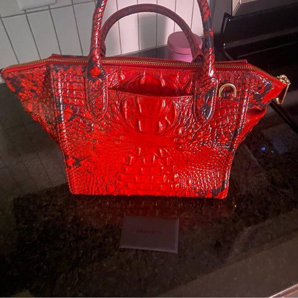Brahmin Red Croc-Embossed Satchel with Gold Hardware - Picture 3 of 6